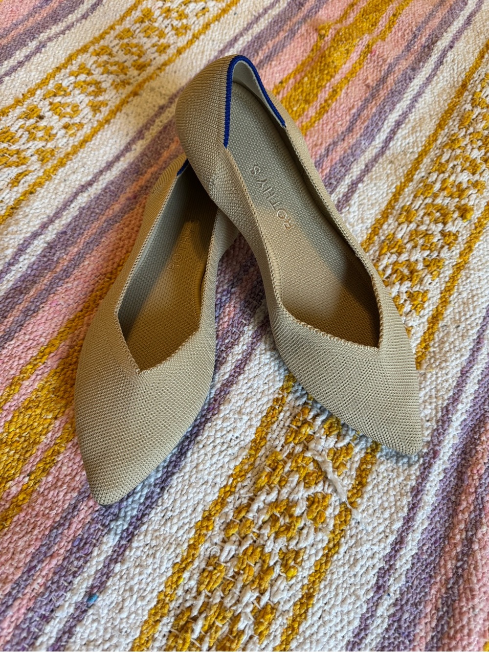 Rothy's Taupe Pointed Knit Flats with Navy Heel Trim